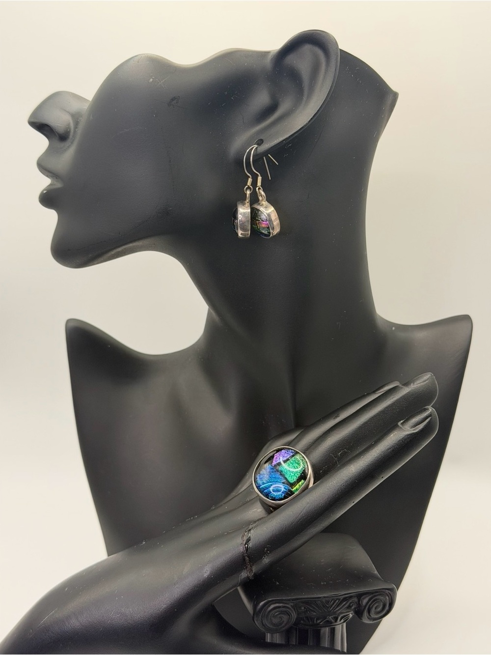 Sterling Silver Set Earings And Ring (One Size) Vintage Dichroric Glass Abstract
